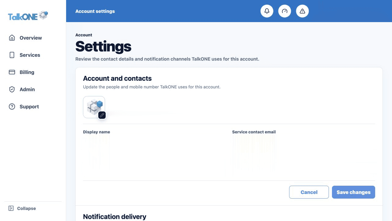 Review account contacts: account and contact fields on the TalkONE Account settings screen