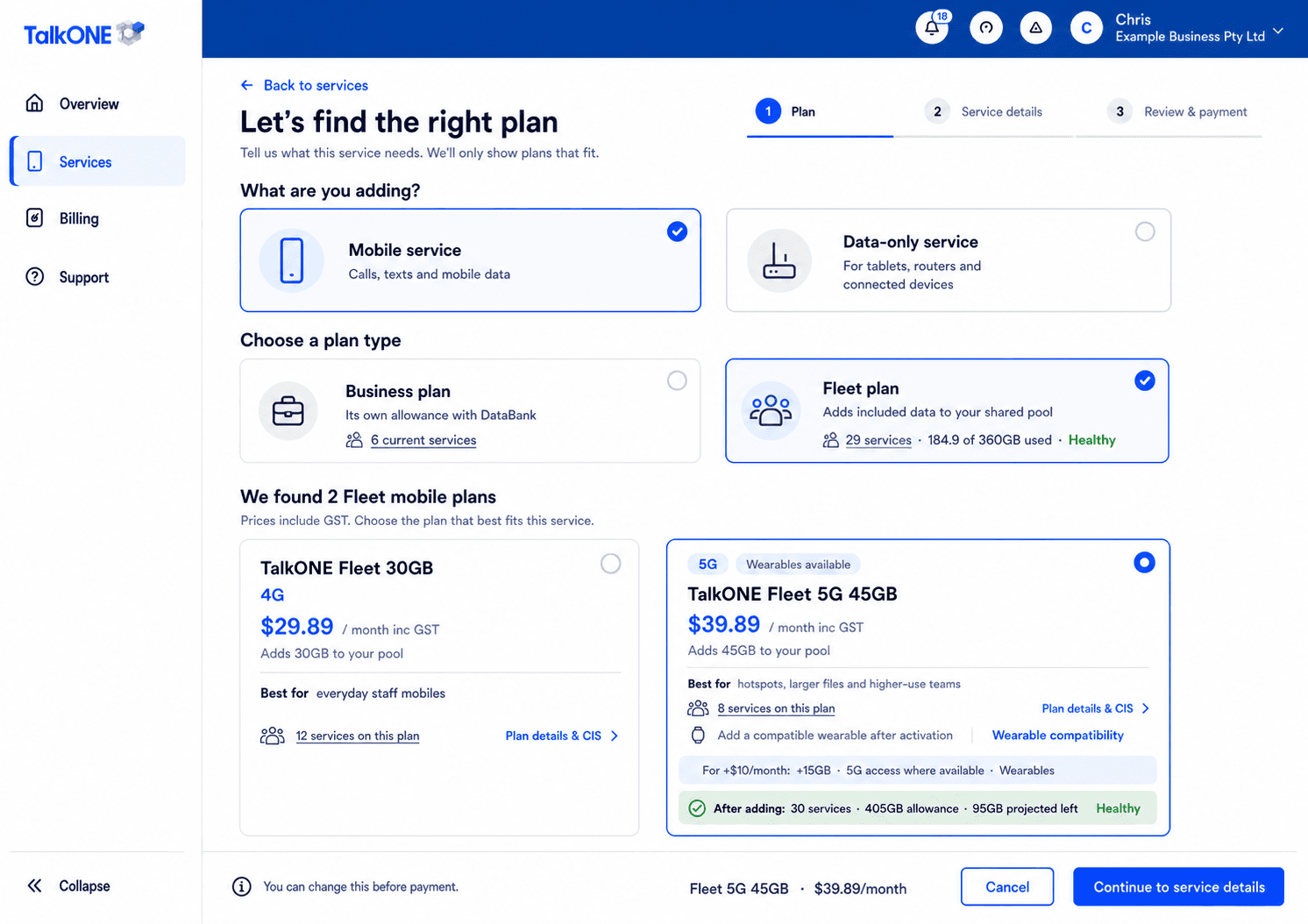 Choose the plan: plan selector on the TalkONE Add service screen
