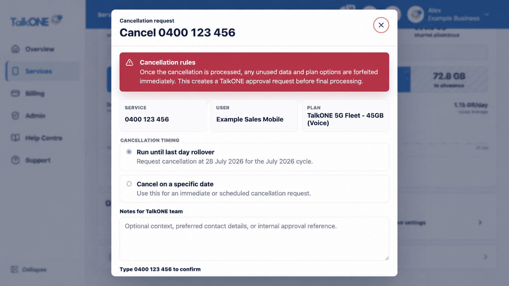 Open the service: service being cancelled on the TalkONE Cancellation request screen