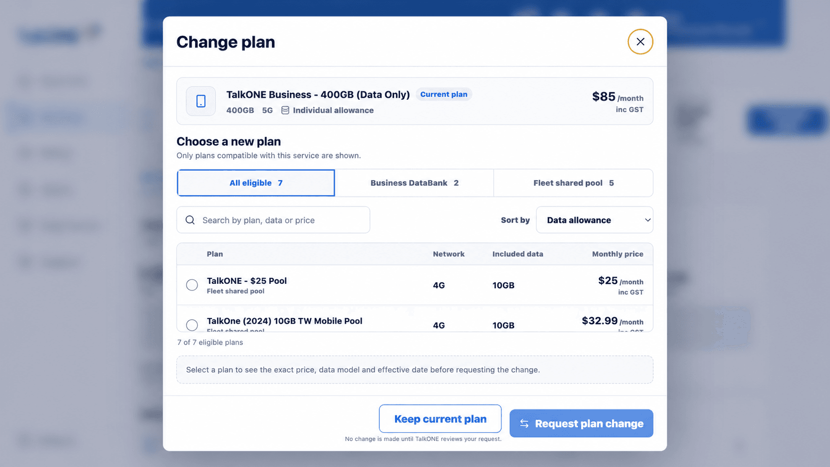 Compare the full range: eligible plan list on the TalkONE Change plan screen