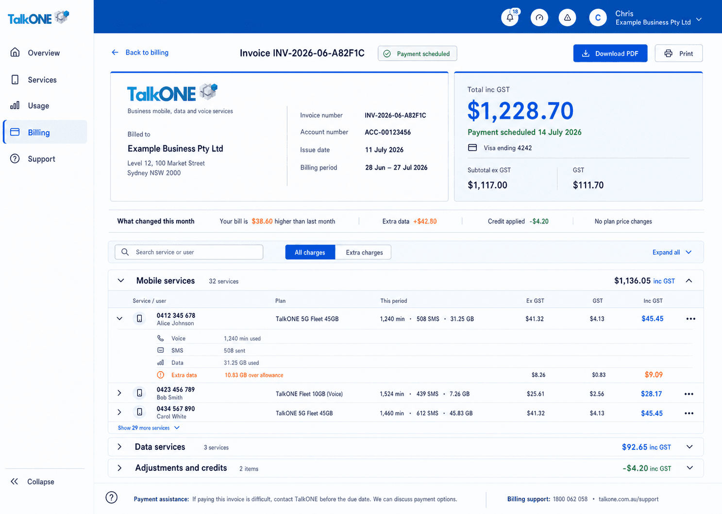 Read the summary: invoice and amount summary on the TalkONE Invoice screen