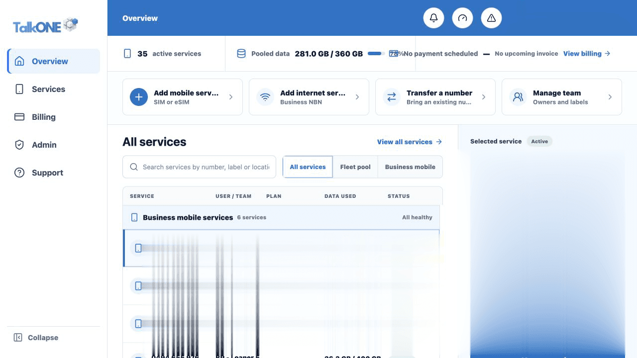 Read the pool total: account summary on the TalkONE Overview screen
