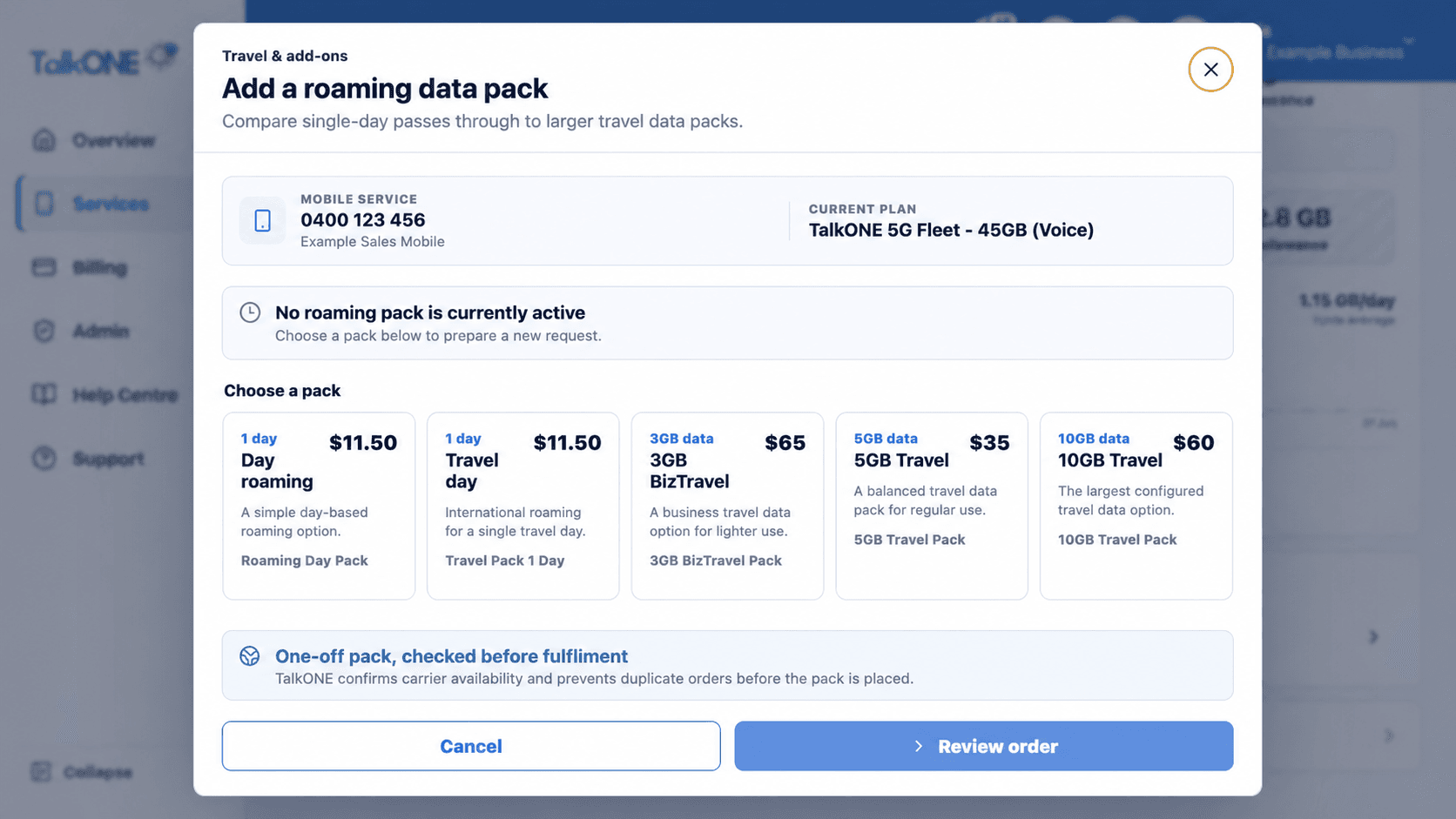 Check an active pack: service and current pack status on the TalkONE Travel & add-ons screen