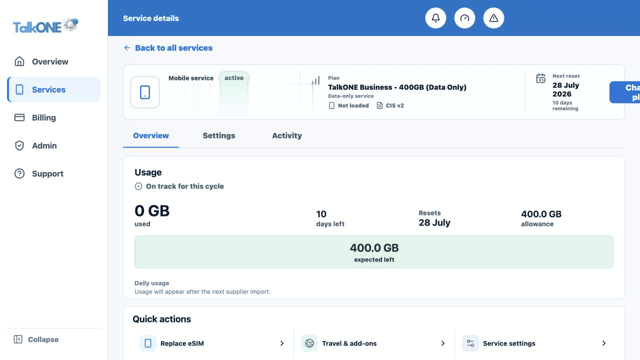 Read DataBank context: usage summary on the TalkONE Service overview screen