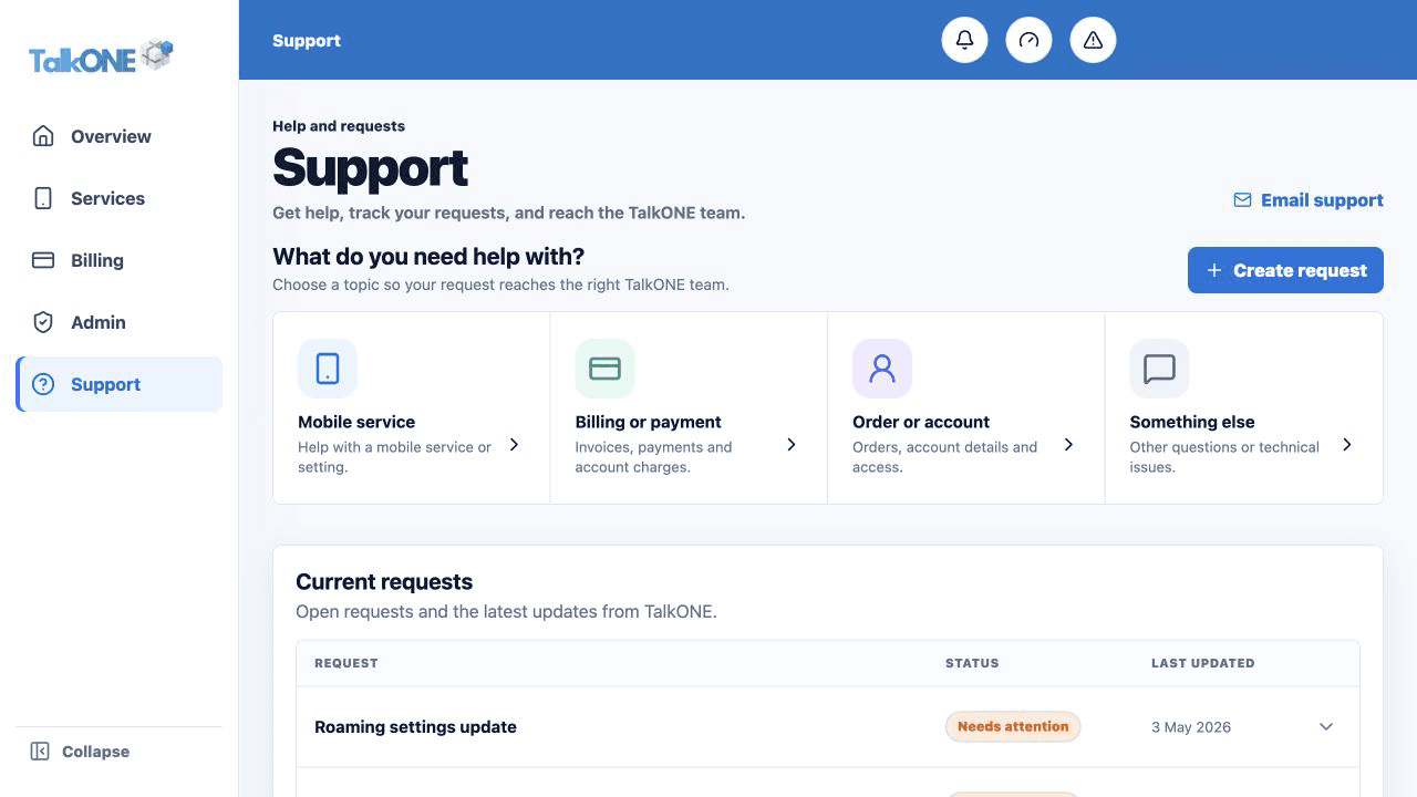 Recognise lifecycle updates: Current requests on the TalkONE Support screen